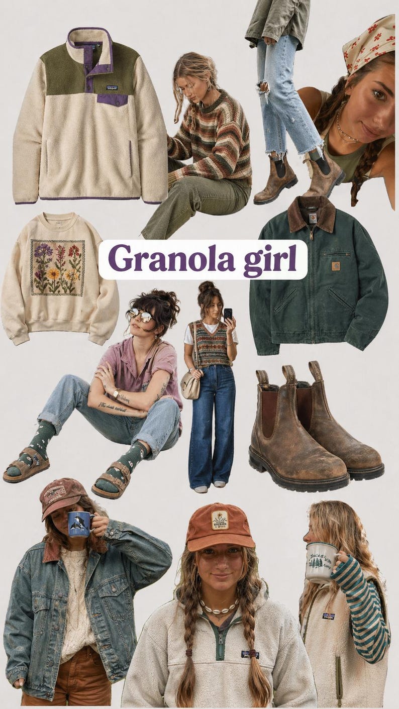 May include: A collection of clothing and accessories with a 'Granola girl' theme. Features a beige fleece pullover, a green and purple fleece, a floral embroidered sweatshirt, a green jacket, brown boots, and a brown cap.