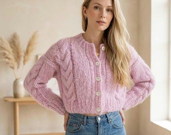 Cropped Mohair Cardigan, Pink Hand Knit Cardigan, Soft Fluffy Mohair Sweater, Cable Knit Cardigan, Handmade Cropped Sweater, Cozy Knit Cardi