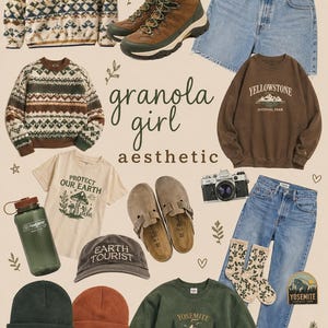 May include: A curated selection of outdoor-inspired clothing and accessories. Items include a patterned fleece, a baseball cap, hiking boots, and a t-shirt with the text "Protect Our Earth". Also featured are jeans, a water bottle, and a "Yosemite" sweatshirt.