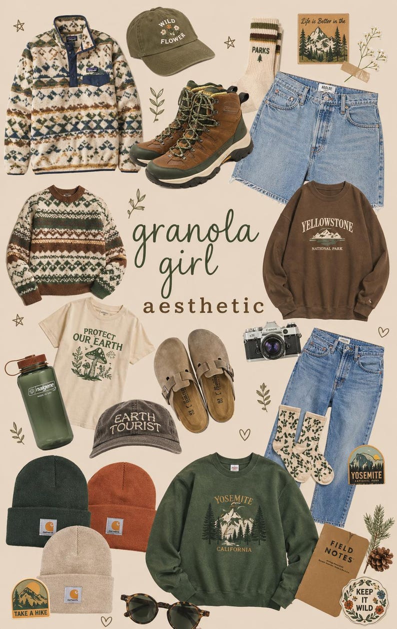 May include: A curated selection of outdoor-inspired clothing and accessories. Items include a patterned fleece, a baseball cap, hiking boots, and a t-shirt with the text "Protect Our Earth". Also featured are jeans, a water bottle, and a "Yosemite" sweatshirt.