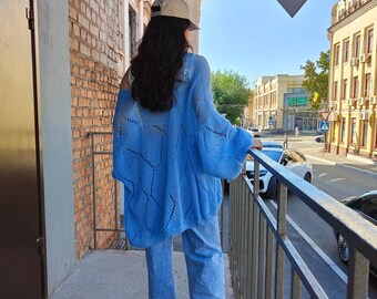 Light Blue Mohair Cardigan with Diamond Lace Openwork Pattern | Boho Chic Knitwear /Luxury Handmade Ice Blue Mohair Cardigan
