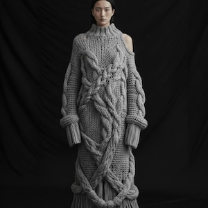 May include: A grey, floor-length knitted dress with a high neck and long sleeves. The dress features a unique design with thick, braided cable knit detailing across the bodice and sleeves. The dress has an open shoulder design and a fringe hem.