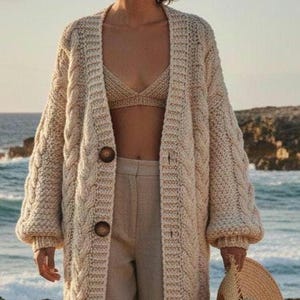 Handmade Wool Cardigan, Chunky Knit Cardigan, Oversized Designer Sweater, Natural Wool Coatigan image 1