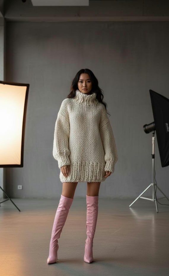 Oversized Wool Sweater Dress Chunky Turtleneck Mini Knit Scandinavian Winter