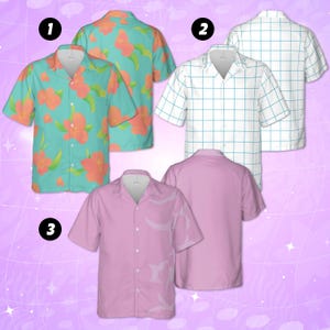 May include: Three short-sleeved button-down shirts. One is teal with orange floral patterns. Another is white with a blue grid pattern. The third is pink with a white design. All shirts have a camp collar.