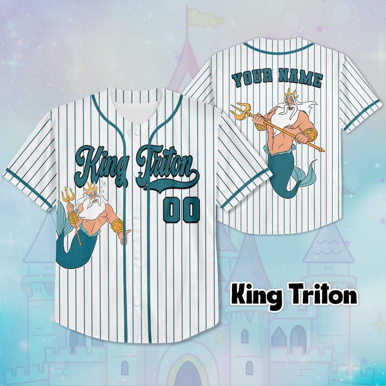 May include: White baseball jersey with teal pinstripes and accents. Features a cartoon illustration of King Triton, the text "King Triton" and the number "00". The back of the jersey has the text "YOUR NAME" and another King Triton illustration.
