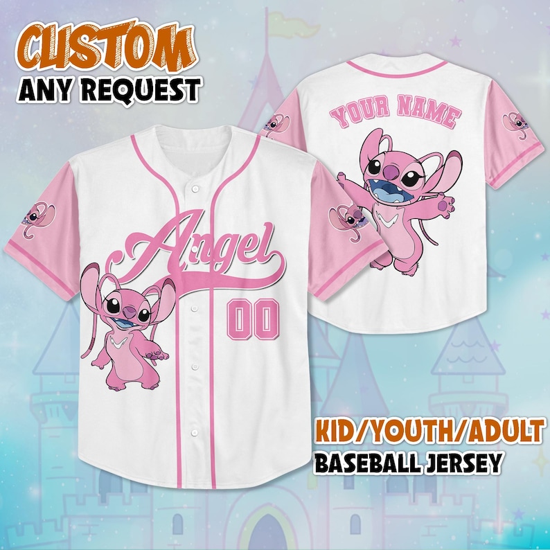 May include: White baseball jersey with pink sleeves and accents. Features the word "Angel" and the number "00" in pink, along with a cartoon character. The text "CUSTOM ANY REQUEST" and "KID/YOUTH/ADULT BASEBALL JERSEY" are also visible.
