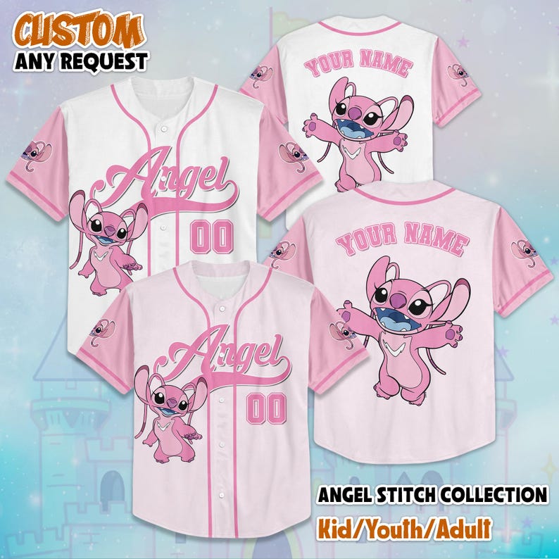May include: Pink and white baseball jerseys with the word "Angel" and the number "00" printed on the front. The jerseys feature a cartoon character and the text "YOUR NAME" on the back. The image also includes the text "CUSTOM ANY REQUEST" and "ANGEL STITCH COLLECTION Kid/Youth/Adult".