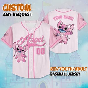 May include: A white and pink baseball jersey with the word "Angel" and the number "00" in pink. The jersey features a cartoon character on the front and back, with the text "YOUR NAME" on the back. The text "CUSTOM ANY REQUEST" and "KID/YOUTH/ADULT BASEBALL JERSEY" are also visible.
