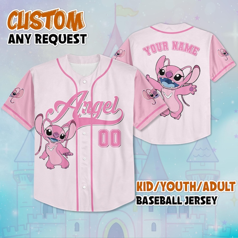 May include: A white and pink baseball jersey with the word "Angel" and the number "00" in pink. The jersey features a cartoon character on the front and back, with the text "YOUR NAME" on the back. The text "CUSTOM ANY REQUEST" and "KID/YOUTH/ADULT BASEBALL JERSEY" are also visible.