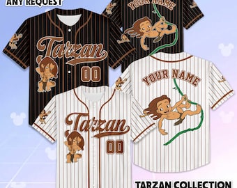 Maglia da baseball personalizzata di Tarzan, maglietta personalizzata della giungla Disney, maglietta abbinata per avventure in famiglia, costume retrò, regalo unico per i fan