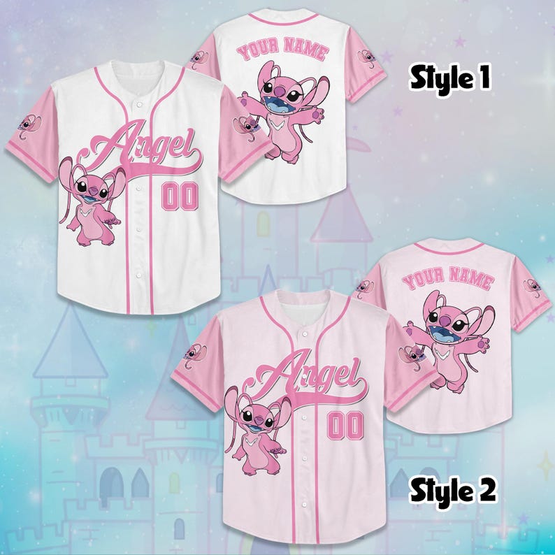 May include: Two baseball jerseys, one white and pink, the other pink and white. Both feature the character Angel, the word "Angel", and the number "00". The back of each jersey has the text "YOUR NAME" and a cartoon Angel.