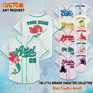Personalized The Little Mermaid Characters Baseball Jersey, Custom Disney The Little Mermaid Shirt, Matching Family Jersey image 1