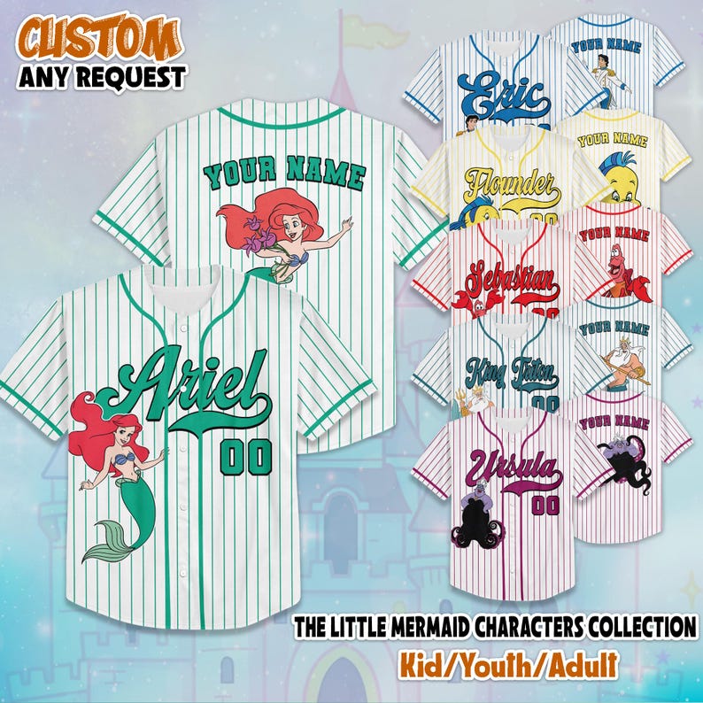 Personalized The Little Mermaid Characters Baseball Jersey, Custom Disney The Little Mermaid Shirt, Matching Family Jersey image 1