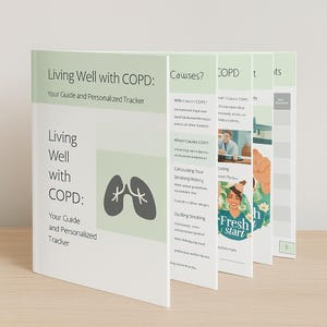 May include: An open book, "Living Well with COPD: Your Guide and Personalized Tracker", is displayed. The pages show text and illustrations, including information on COPD causes and a "Fresh Start" graphic. The book is on a wooden surface.