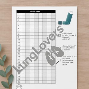 May include: A white chart with a grid labeled "Puffs Taken" and instructions for inhaler use. The chart includes a section for the expiry date and is designed for use with inhalers containing 200 puffs.