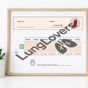 May include: A framed print with a light wood frame. The print features a medication schedule with the text "Week of:" and "Inhaler: Alvesco 200". The image includes a red inhaler illustration and the text "Lung Lovers".