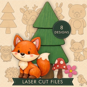 May include: A selection of laser cut files with woodland animal designs. Includes a fox, owl, hedgehog, deer, bear, rabbit, and bird. A green painted wooden tree and mushroom are also included. The text "8 DESIGNS" and "LASER CUT FILES" are visible.