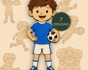 Archivos de corte láser para niños futbolistas / Archivos svg, ai, eps, dxf, pdf, cdt / Paquete de vectores deportivos / Diseños de corte láser