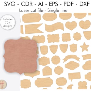 Puede incluir: Una colección de archivos de corte láser en varias formas, incluyendo pancartas, corazones y escudos, hechos de madera marrón claro. La imagen incluye el texto "Includes 70+ designs" y "Laser cut file - Single line".