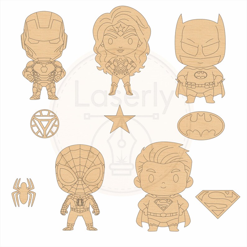 May include: A collection of laser-cut wooden superhero figures and emblems, including Iron Man, Wonder Woman, Batman, Spider-Man, and Superman characters, along with their respective symbols and a spider icon, all featuring a natural light wood grain.