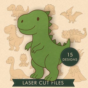 May include: A collection of laser cut dinosaur designs. The image features a large green dinosaur in the center, surrounded by smaller wooden dinosaur cutouts. A circular badge reads "15 DESIGNS". The text "LASER CUT FILES" is displayed on a banner at the bottom.
