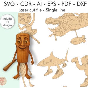 May include: Laser cut file with 13 designs. Includes a wooden tiki figure holding a bat, a ballerina, a shark wearing sneakers, and a crocodile helicopter. The designs are in SVG, CDR, AI, EPS, PDF, and DXF formats.