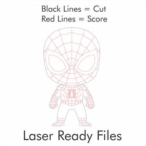 May include: A digital vector illustration of a stylized superhero character with a web pattern. The text reads: Black Lines = Cut, Red Lines = Score, and Laser Ready Files. The design features black outlines for cutting and red outlines for scoring.