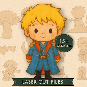 Può includere: Una sagoma in legno di un personaggio dei cartoni animati con capelli gialli, che indossa un cappotto blu con risvolti arancioni e stivali neri. L'immagine presenta un badge circolare verde scuro con il testo 15+ DESIGNS e un banner LASER CUT FILES.