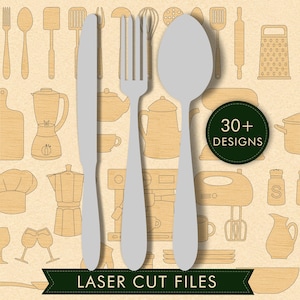 Paquete de utensilios de cocina cortados con láser en formato SVG y DXF: archivos de corte y marcado para utensilios, electrodomésticos y accesorios de cocina.