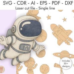 Könnte beinhalten: Eine Holzfigur eines Astronauten mit blauem Visier und grauen Akzenten, zusammen mit anderen Weltraum-Themen-Ausschnitten. Das Bild enthält ein Raumschiff, Planeten, Sterne und den Text "Includes 20+ designs."