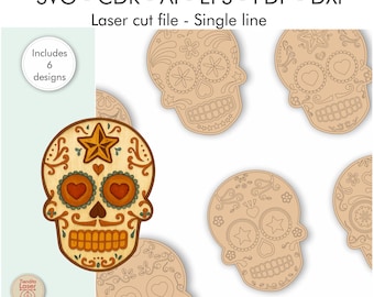 Arquivos de caveira de açúcar cortados a laser - Pacote de vetores do Dia dos Mortos - Caveiras de Halloween - Desenhos decorativos do Dia de los Muertos