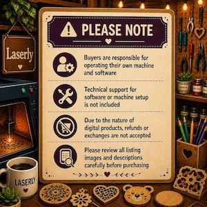 May include: A rectangular sign with a cream background and dark purple text titled PLEASE NOTE. It lists four policies regarding machine operation, technical support, digital product refunds, and reviewing listing details, each with a circular icon.