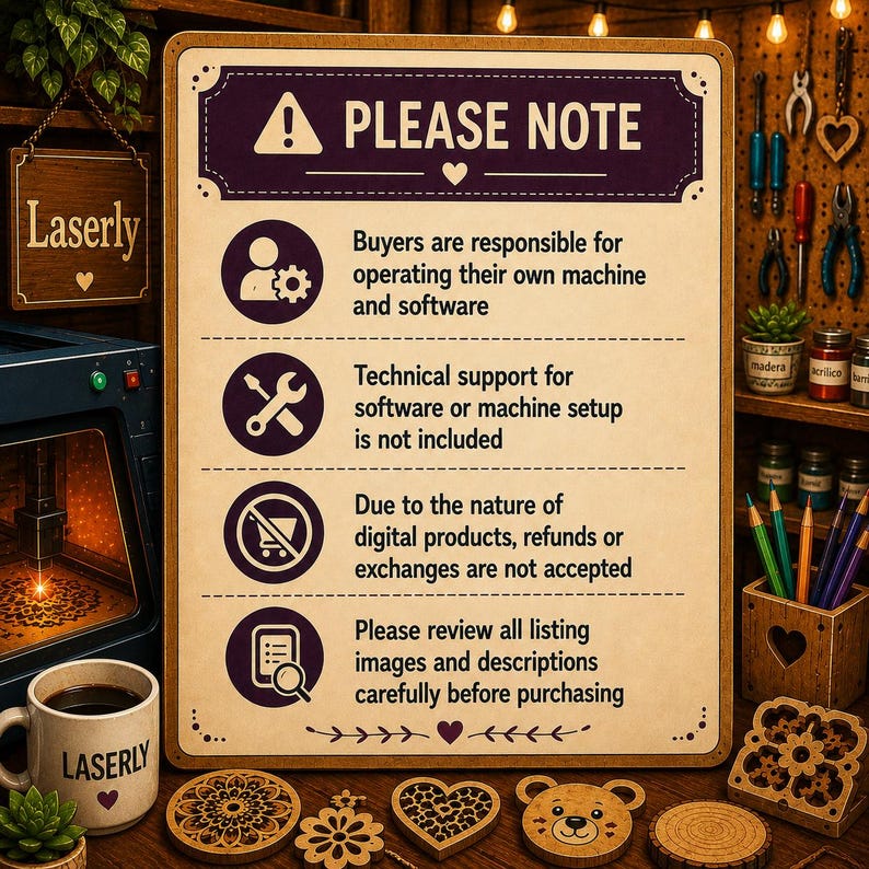 May include: A rectangular sign with a cream background and dark purple text titled PLEASE NOTE. It lists four policies regarding machine operation, technical support, digital product refunds, and reviewing listing details, each with a circular icon.