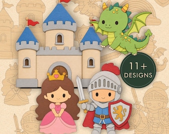 Medieval Fantasy Laser Cut Files: Kawaii Princess Knight Dragon Single Line SVG DXF Bundle