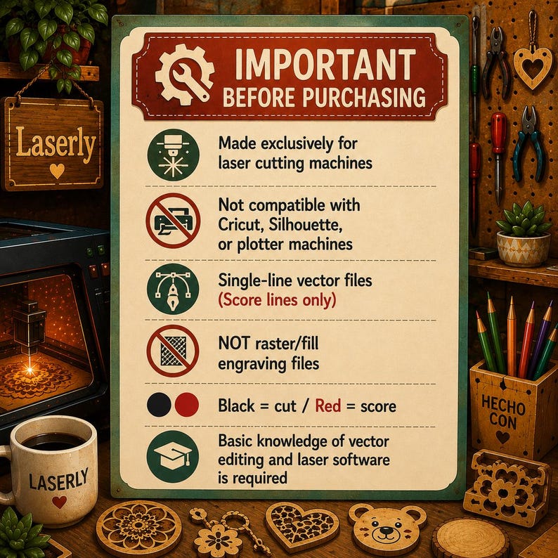 May include: A rectangular sign with a cream background and dark red border titled IMPORTANT BEFORE PURCHASING. It lists technical requirements for laser cutting machines, specifying single-line vector files, color-coded cut and score lines.