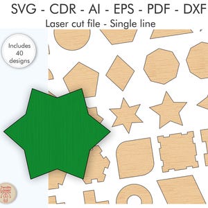 Könnte beinhalten: Ein grüner sechszackiger Stern mit schwarzem Umriss und eine Vielzahl geometrischer Holzformen. Das Bild enthält den Text "Includes 40 designs" und "Laser cut file - Single line".