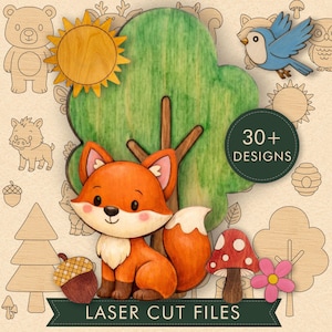 Könnte beinhalten: Eine Sammlung von Laserschnitt-Dateien mit einem zentralen orangefarbenen Fuchs, einem grünen Baum, einem roten Pilz und einem blauen Vogel. Das Design enthält verschiedene waldbezogene Umrisse wie Bär, Wildschwein, Sonne und Eichel sowie den Text 30+ DESIGNS LASER CUT FILES.