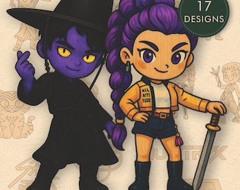 Archivos vectoriales chibi de cazadores de demonios de Kpop: Saja Boys, Huntrix, inspirados en corte láser DXF SVG