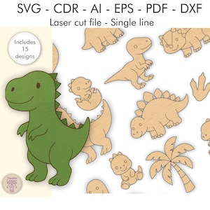 Dinosaur Laser Cut Files | Dinosaur svg dxf eps ai pdf cdr | Cute Dino Vector for Laser Cutting | Single Line Design