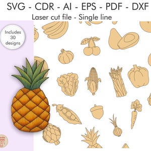 Paquete de vectores de frutas y verduras cortadas por láser: 30 archivos DXF/SVG de alimentos para corte láser (línea única)