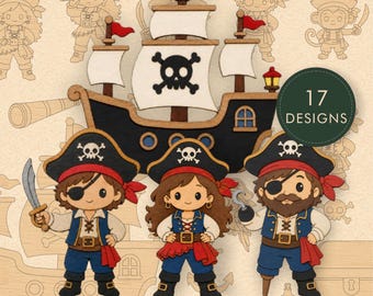 Archivos de corte láser de piratas kawaii, linda tripulación pirata, barco y tesoro en formato SVG.