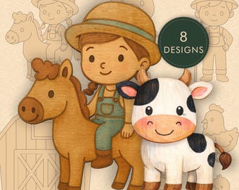 Archivos vectoriales de corte láser de artículos esenciales para la granja / Granjero, vaca, cerdo, establo / SVG DXF CDR
