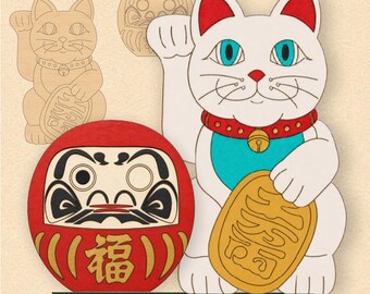 Japanese Lucky Charms Laser Cut Files, Maneki Neko Daruma SVG Bundle, Japanese Good Luck Decor DXF
