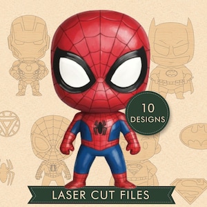 May include: A 3D Spider-Man figure with a red and blue suit and large white eyes, positioned in front of various light-colored wooden character outlines. A dark green circular badge displays the text 10 DESIGNS and LASER CUT FILES.