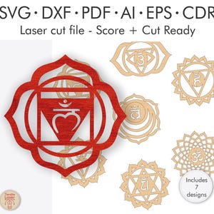 Puede incluir: Diseños de símbolos de chakra cortados con láser en rojo y madera natural. La imagen incluye siete diseños, con el texto "SVG • DXF • PDF • AI • EPS • CDR" y "Laser cut file - Score + Cut Ready".