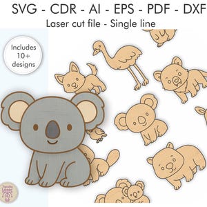 Puede incluir: Una colección de diseños de animales cortados con láser, incluyendo un koala, un canguro y un avestruz. Los diseños son de color marrón claro con un koala gris. La imagen incluye el texto "SVG - CDR - AI - EPS - PDF - DXF" y "Laser cut file - Single line."