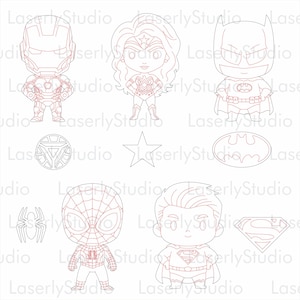 May include: A digital line art file featuring five chibi-style superhero characters including Iron Man, Wonder Woman, Batman, Spider-Man, and Superman, accompanied by their respective iconic symbols: a reactor, star, bat emblem, spider, and shield.