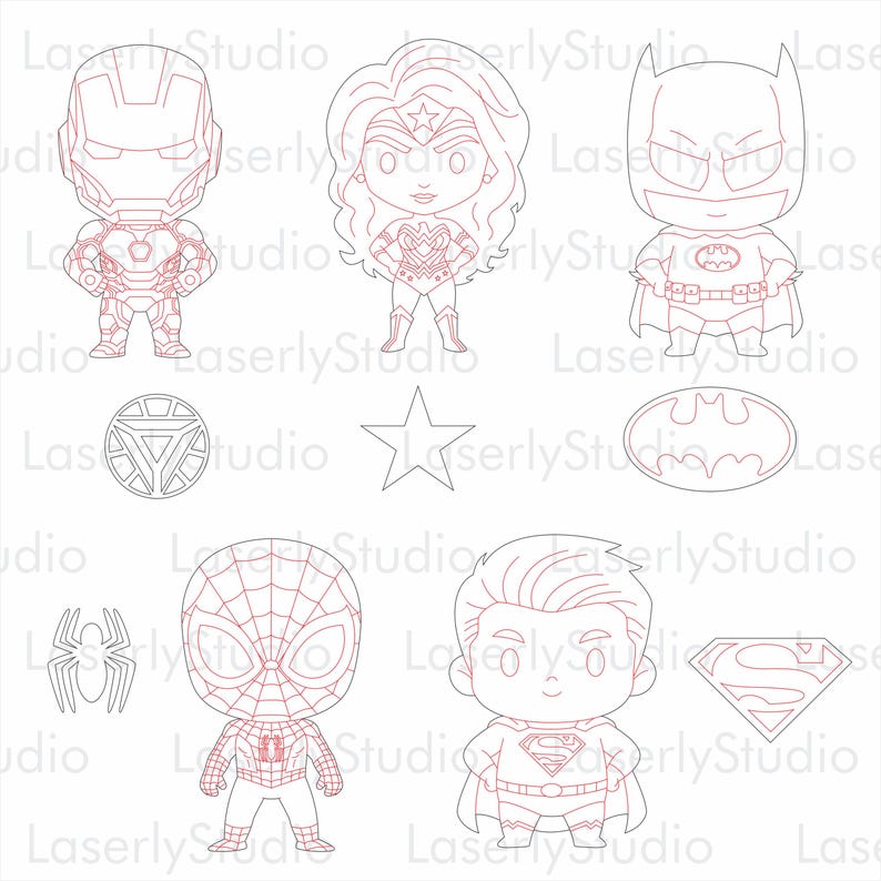 May include: A digital line art file featuring five chibi-style superhero characters including Iron Man, Wonder Woman, Batman, Spider-Man, and Superman, accompanied by their respective iconic symbols: a reactor, star, bat emblem, spider, and shield.