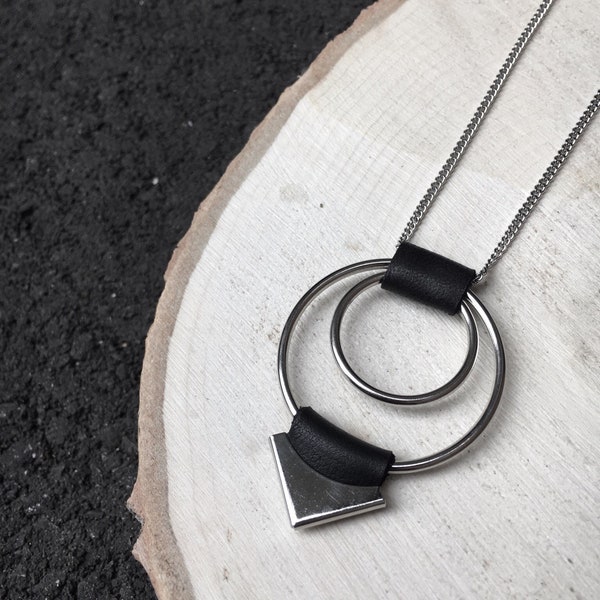 Geometric necklace, Recycled leather pendant, Double circles long necklace, Spike pendant, Unisex necklace, ORIGINE pe11